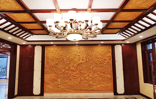 江门中式别墅客厅中式木作横梁吊顶装饰展示
