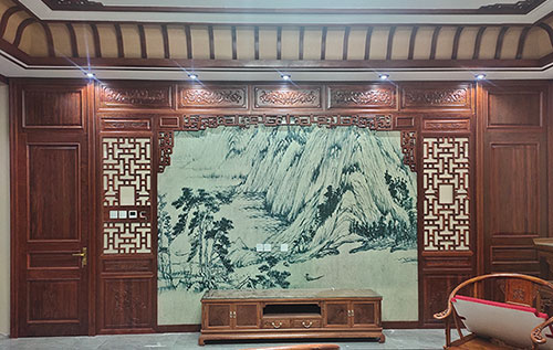 江门中式仿古别墅客厅背景墙花格木作装饰